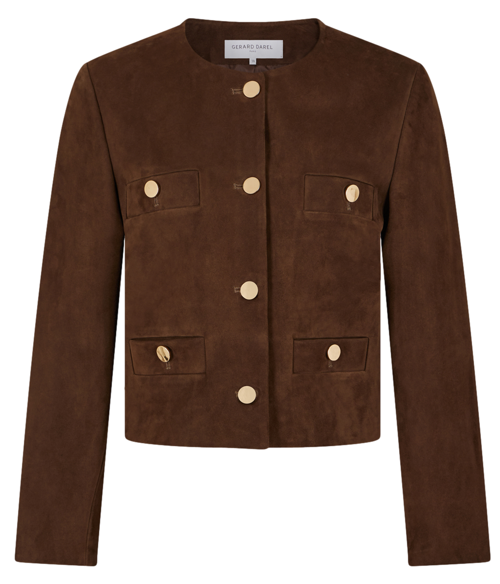 BELINA - Veste courte col rond droite en cuir velours | Marron