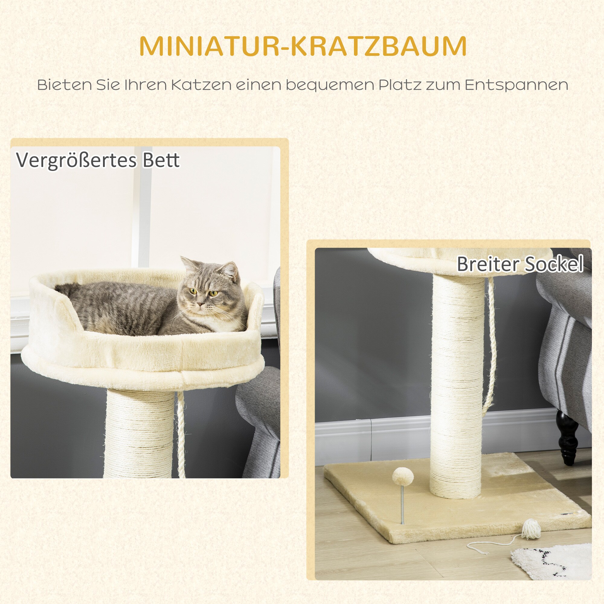 PawHut Kratzbaum mit Spielball und Liegeebene beige 55L x 55B x 83H cm