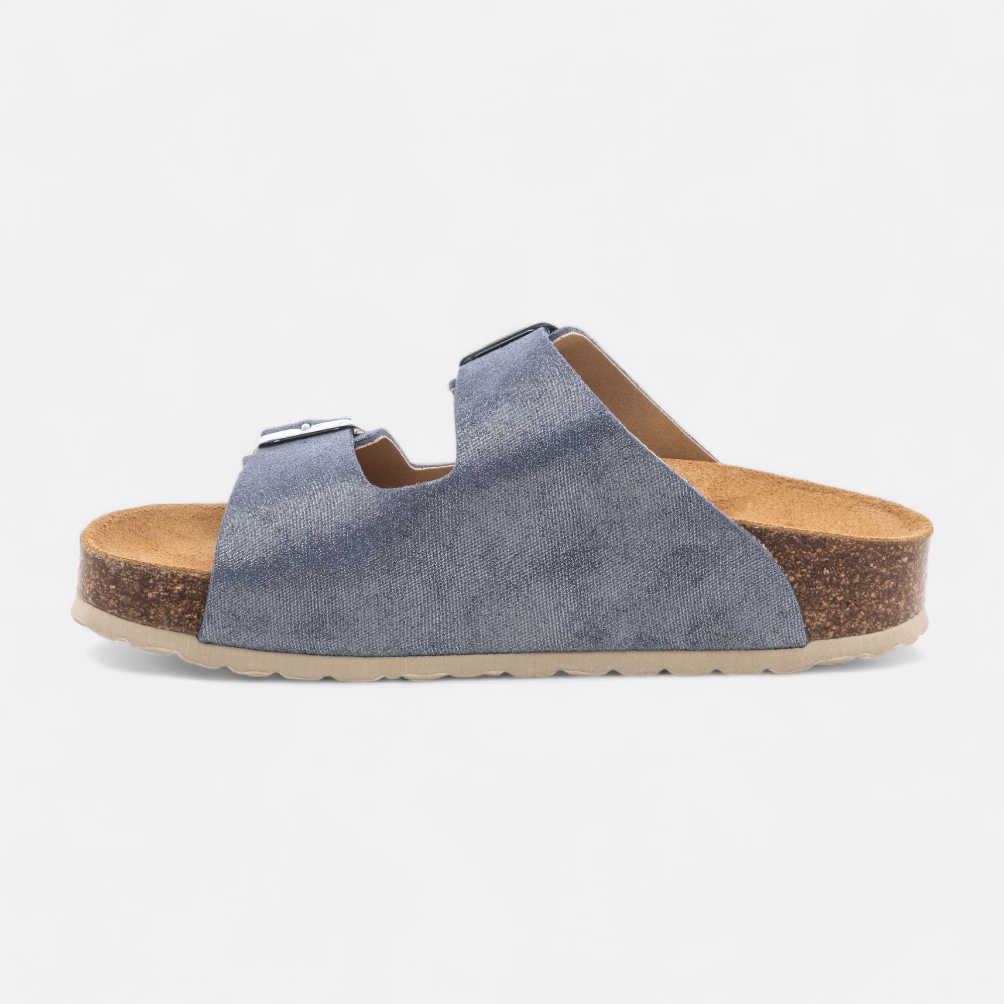 Mules semelle liège Femme en cuir bleu
