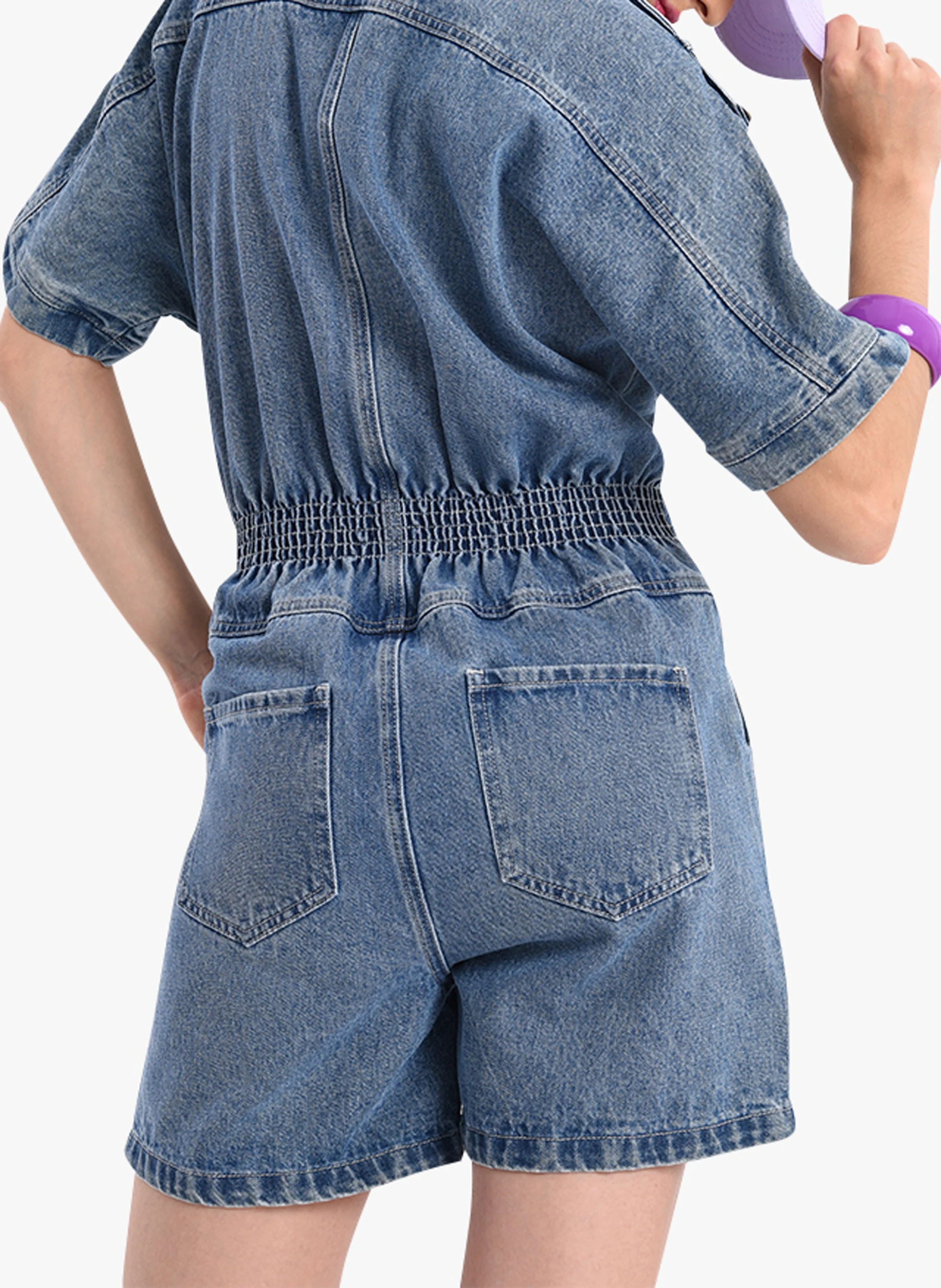 Combi short col tailleur en jean et coton mélangé| Bleu