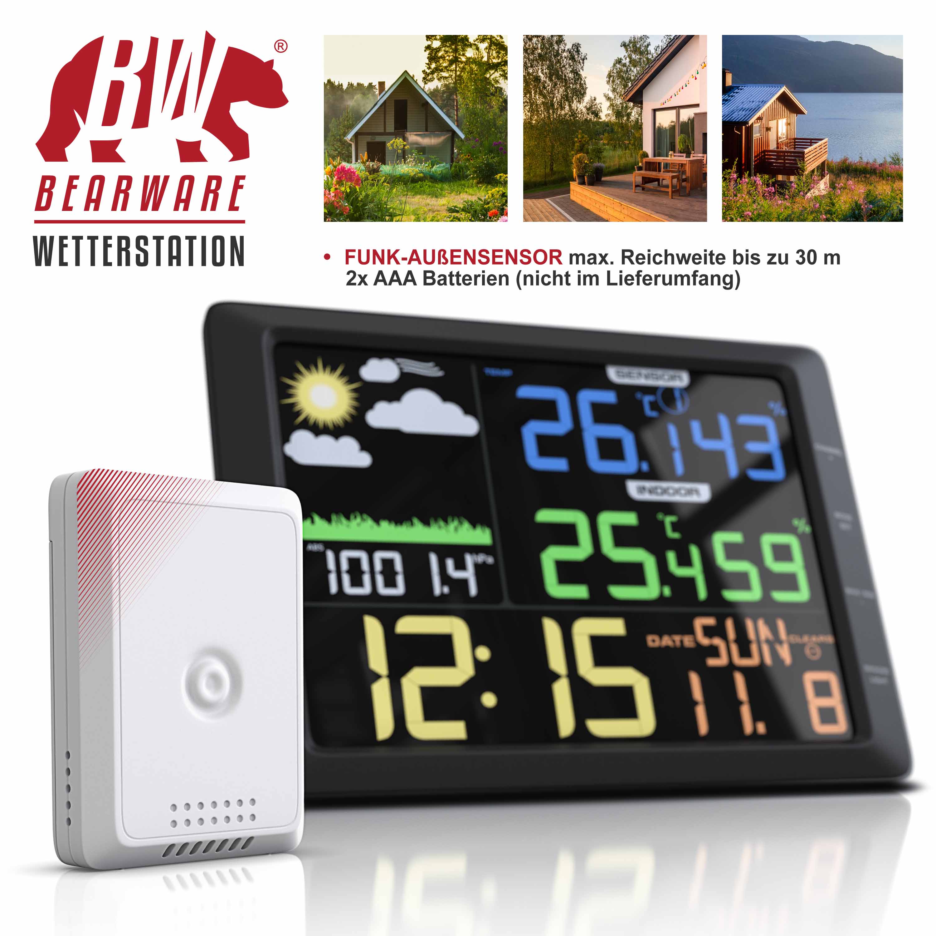 BEARWARE Wetterstation mit Außensensor, LCD Farbdisplay, Wettervorhersage, Luftdruck, Temperatur uvm.