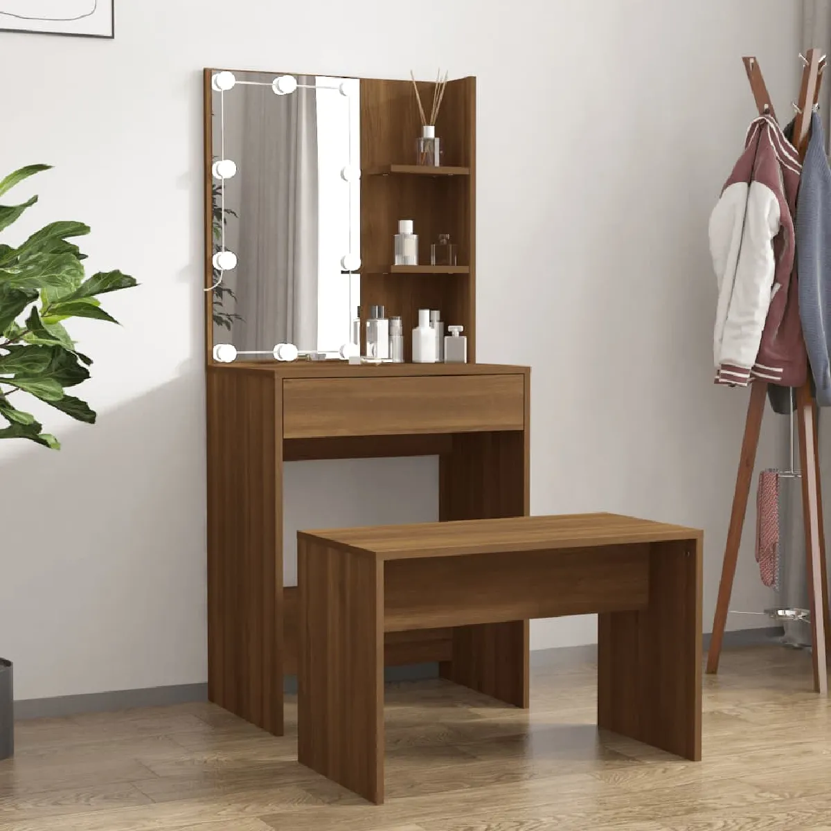 vidaXL Coiffeuse avec LED - Chêne Marron