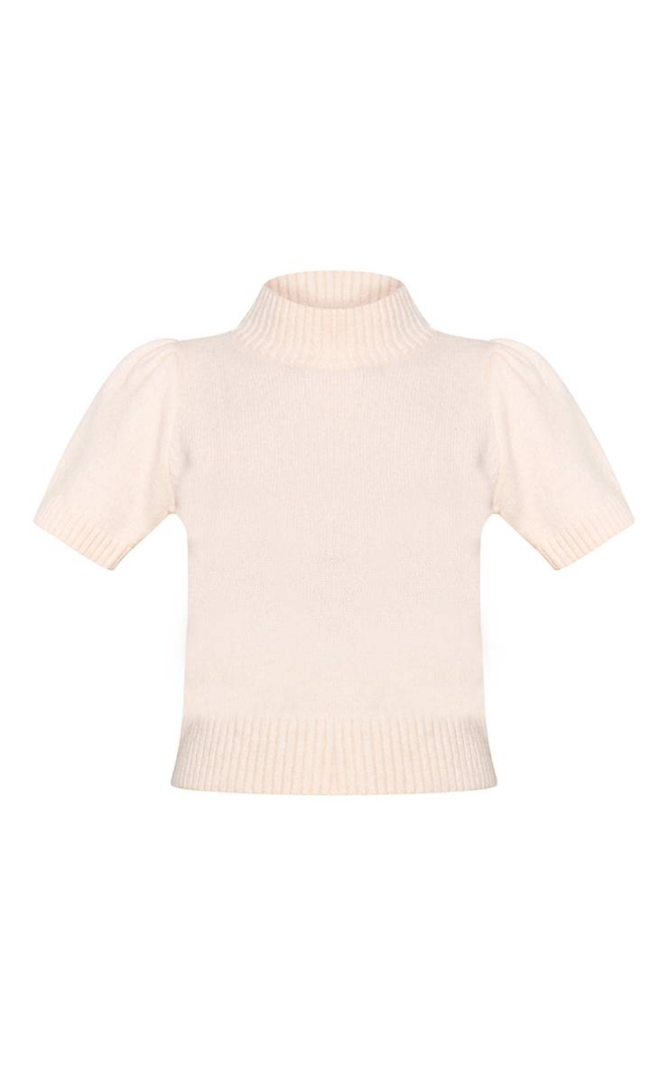 Crème Haut En Maille Col Montant À Manches Bouffantes