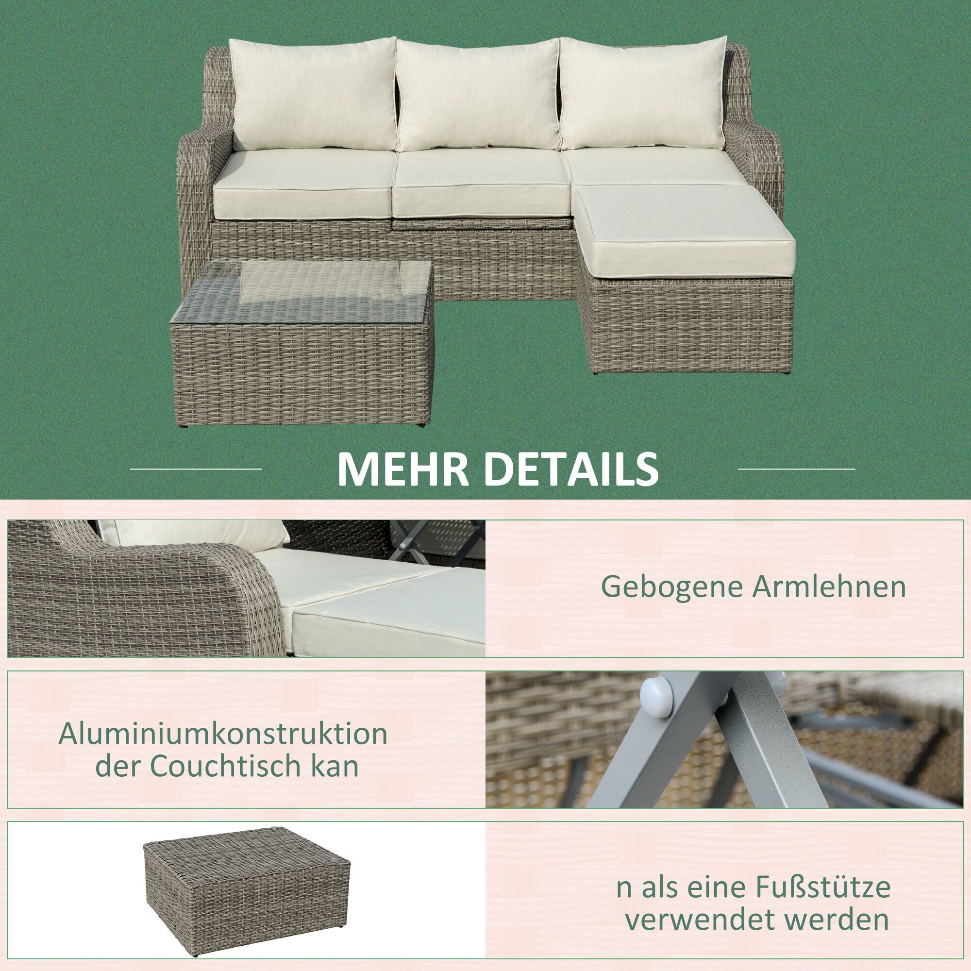 Outsunny Gartenmöbel Set mit anhebbarem Beistelltisch grau 208L x 90B x 75H cm