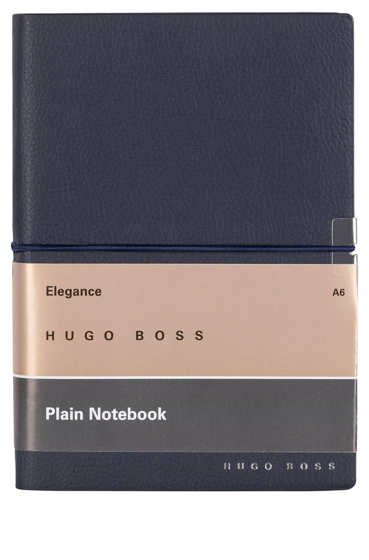 Caderno BOSS A6 preto em imitação de couro azul-marinho com elástico.