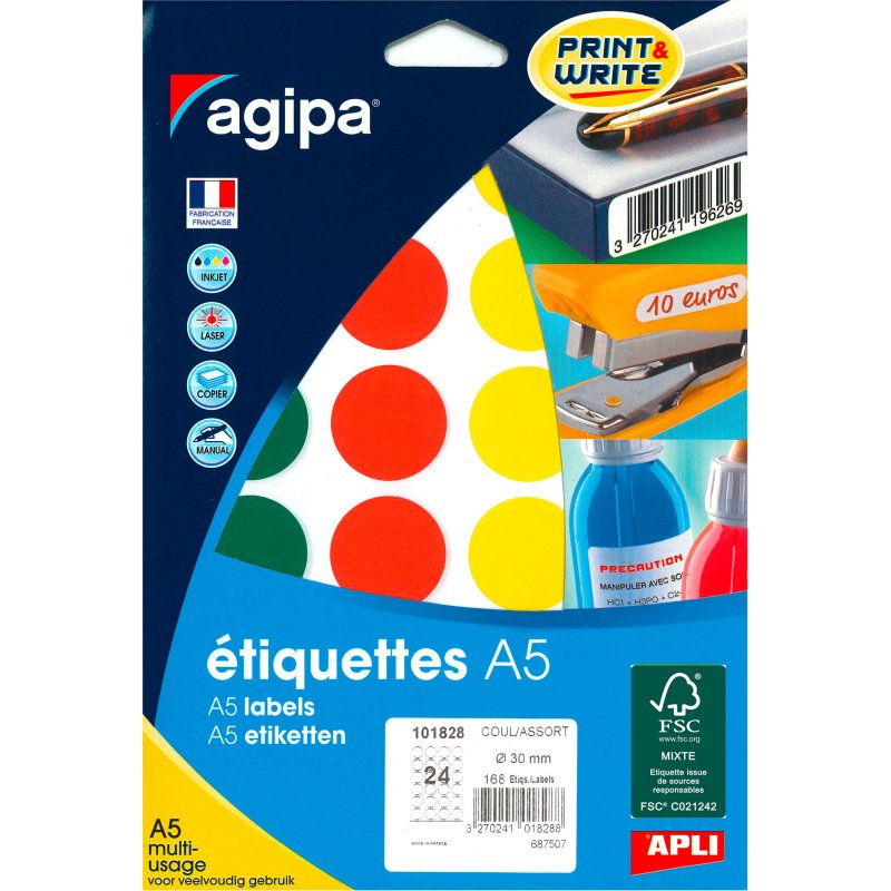 Pastille adhésive Ø 30 mm Agipa 101828 couleurs assorties - Boîte de 168