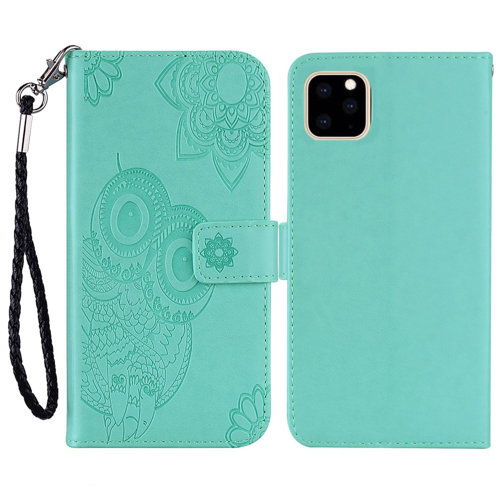 iPhone 14 Pro Max Leder Tasche Wallet Eulen Mandala Imprint - Türkis