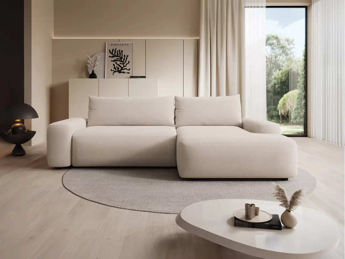 Canapé d'angle droit convertible en tissu texturé beige DAVISO