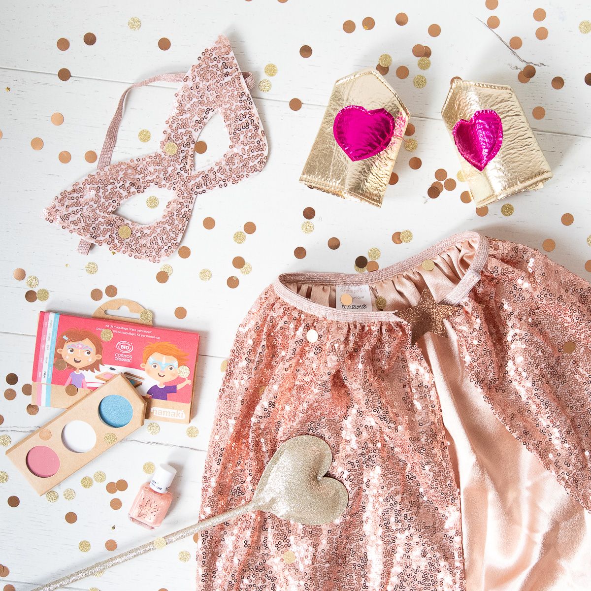 Déguisement cape et masque à sequins rose cuivre Surprise Partie !