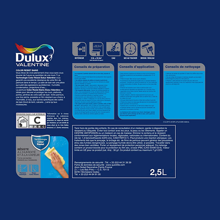 Peinture murs et boiseries Color Resist salle de bains Dulux Valentine satin vapeur 2,5L