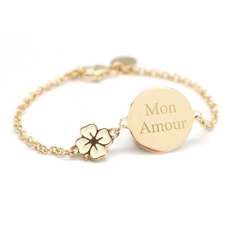Bracelet chaine médaille trèfle laqué plaqué or enfant - gravure MON AMOUR