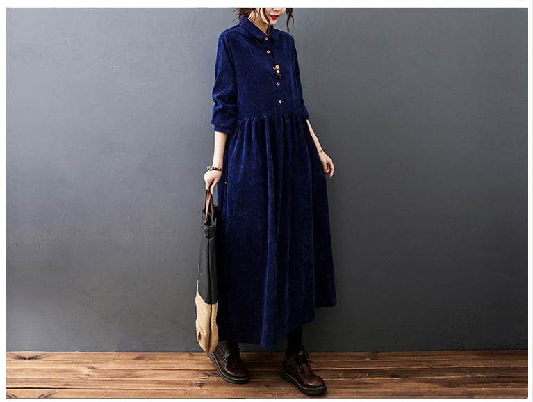 Lucuna - Lange mouwen, kraag, effen corduroy midi-lijn jurk