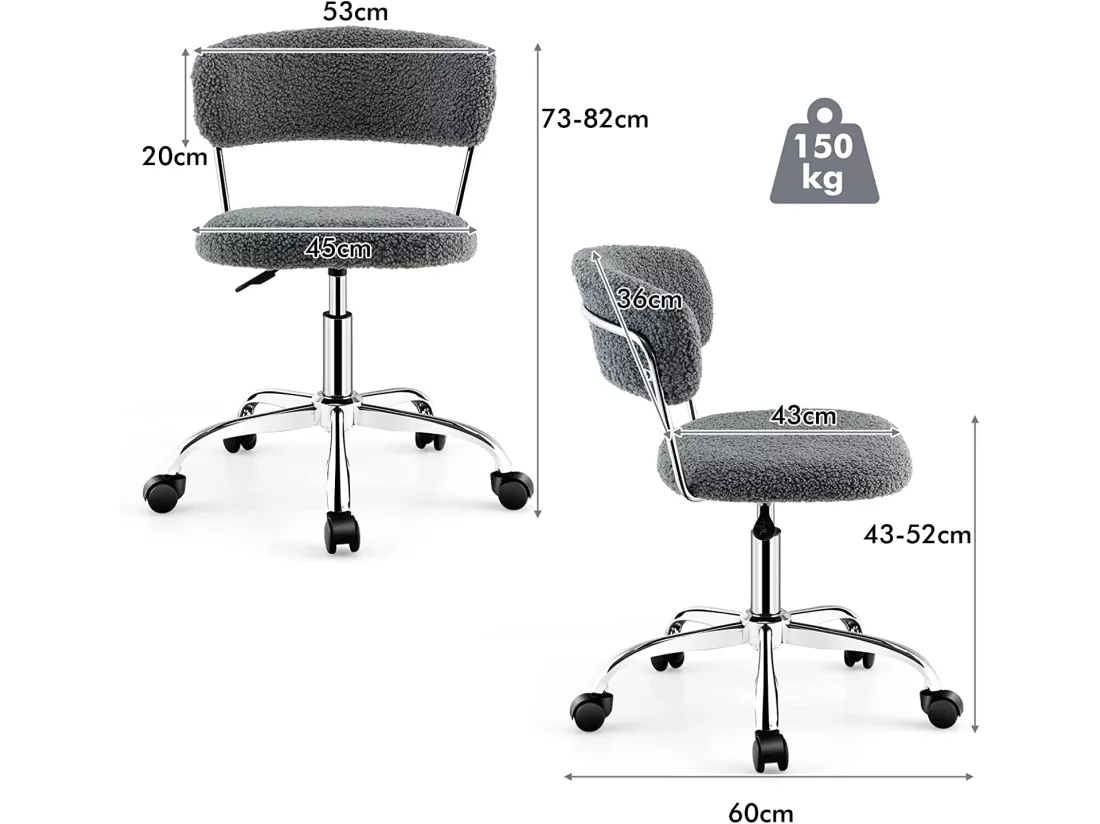 Chaise de Bureau à Domicile, Chaise de Loisirs Pivotante en Fausse Fourrure avec Siège Rembourré Réglable en Hauteur, pour Chambre, Bureau, Chambre d'amis, Gris