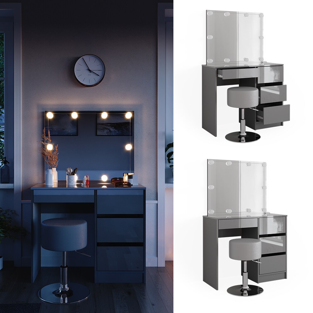 Vicco Schminktisch Sherry Grau Hochglanz, 90 x 75 cm, Spiegel, LED & Hocker
