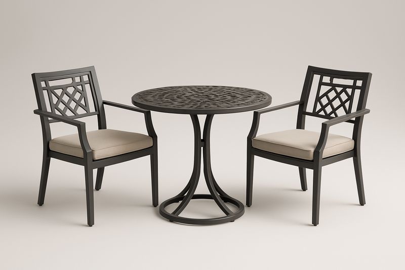 Rundes Aluminium-Café-Set für den Garten, 2 Stühle, Schwarz