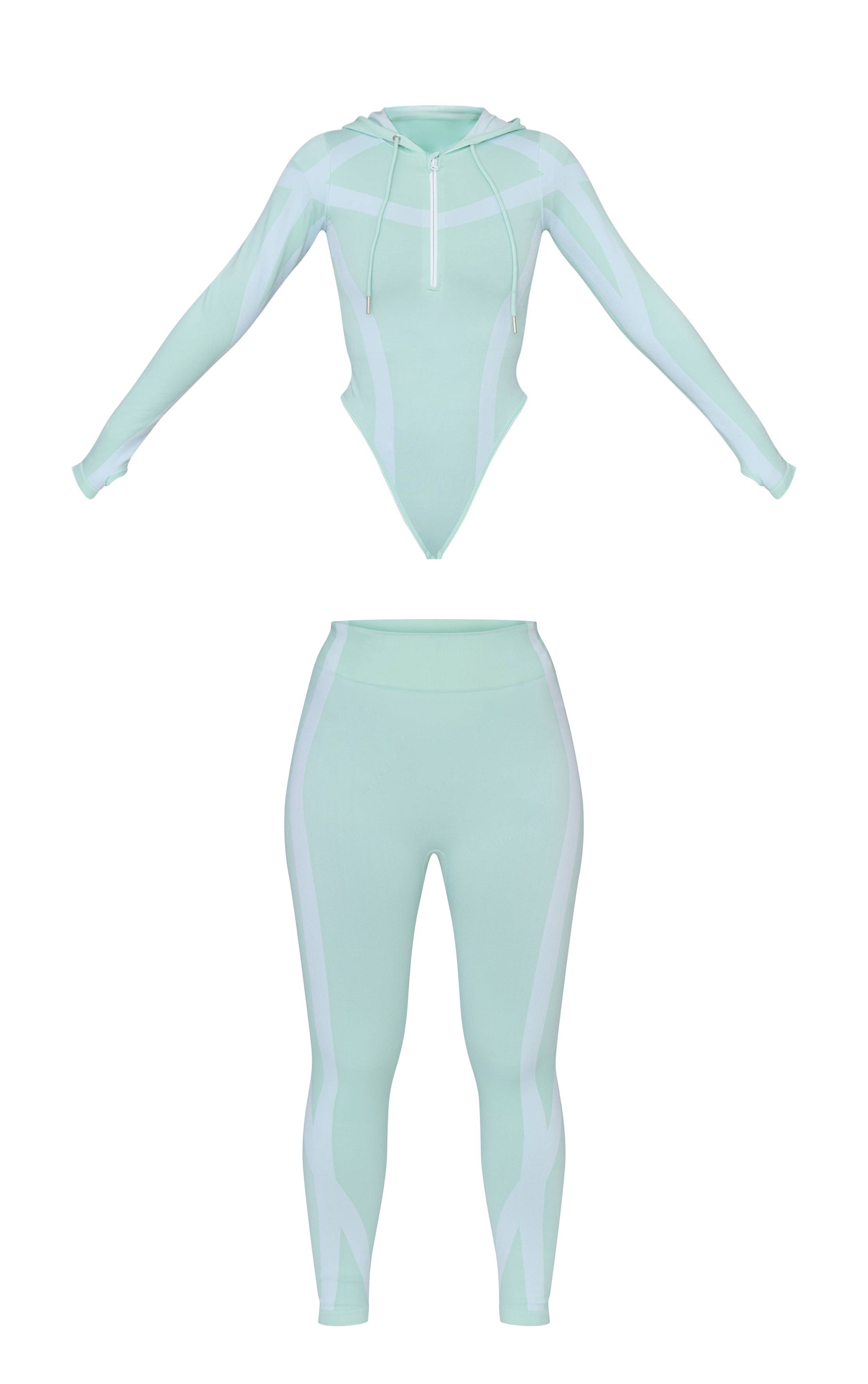 Vert Menthe Prettylittlething Ensemble Ski Body Et Legging Sans Couture Avec Coutures Contrastées