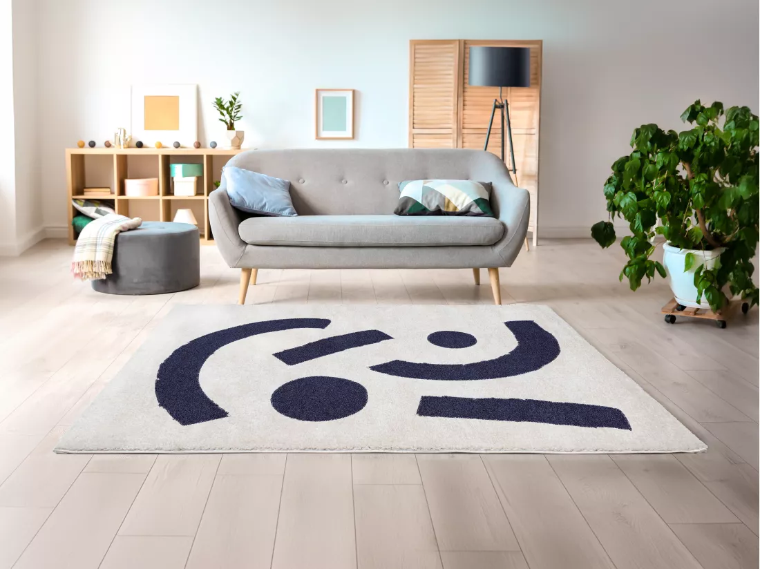 Tapis shaggy à motifs abstraits- 160 x 230 cm - Crème et bleu nuit - DRAOFI
