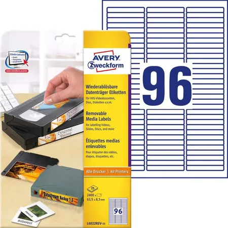 Avery Zweckform L6022REV-25 Etiketten für Data Cartridge,A4 63,5 x 8,5 mm, 25 Bogen/2.400 Etiketten, weiß