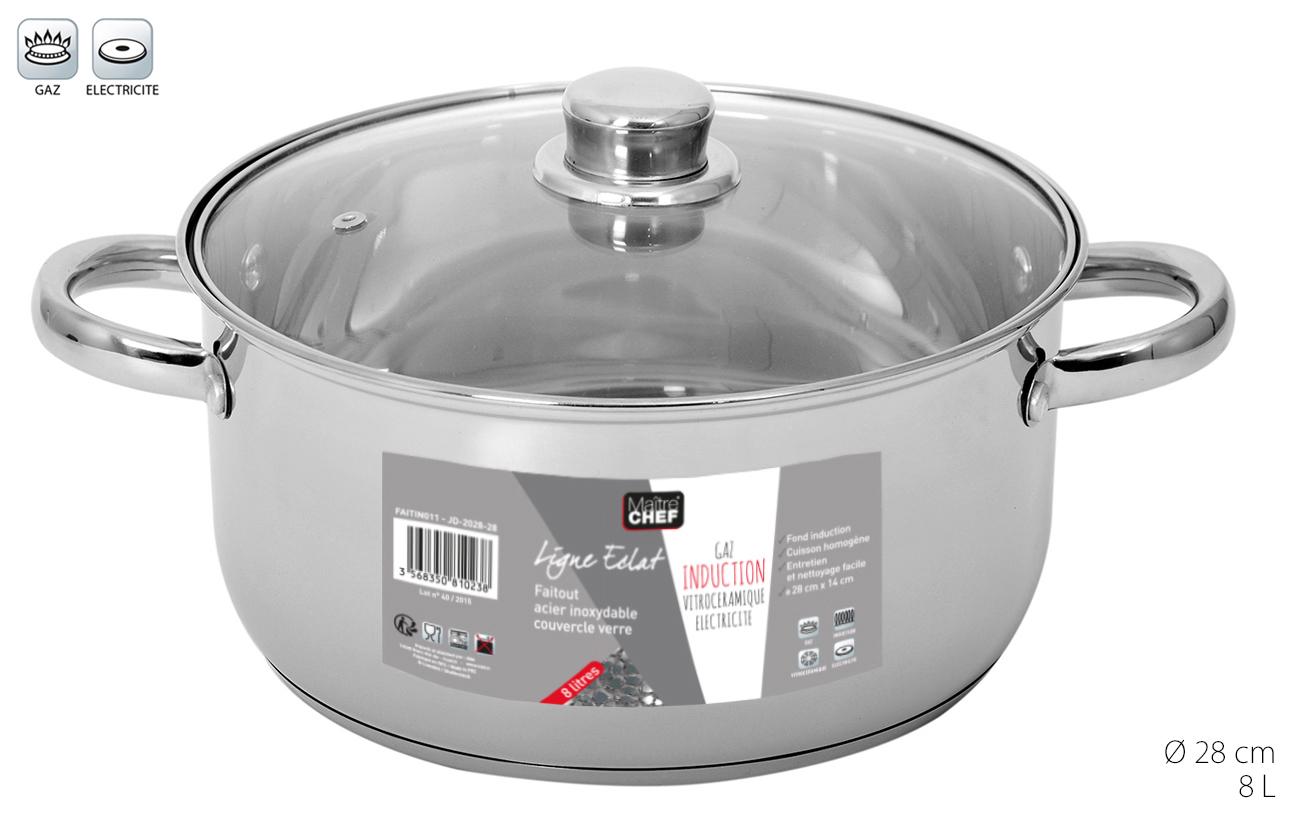 FAITOUT INOX AVEC COUVERCLE VERRE 28CM 8L