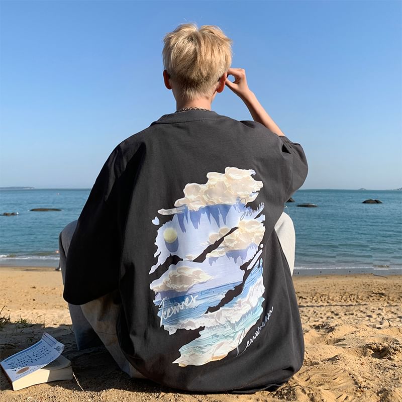 Ayuyel - T-shirt met korte mouwen, ronde hals en wolkenprint