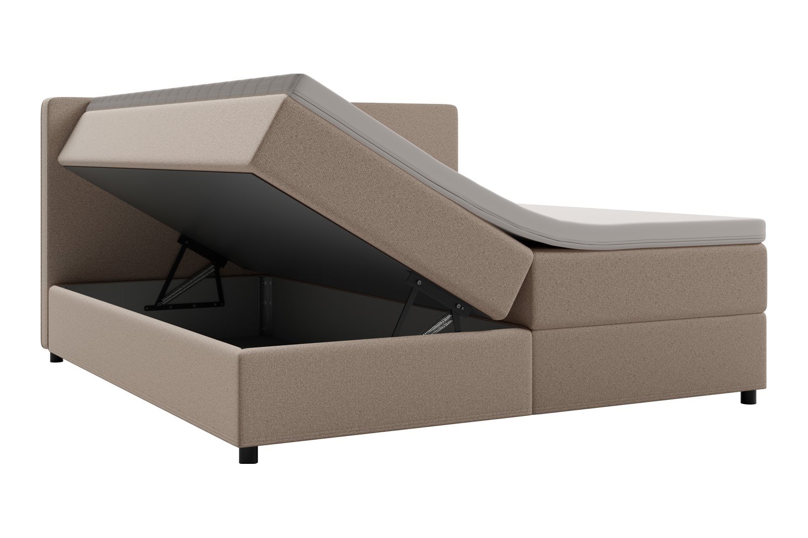 Premium 10 oppbevaringsseng 140x200 cm Magasinseng med oppbevaring, åpnes fra siden. I tekstil storm 06 mørk beige, med fast fasthetsgrad og premium 10 overmadrass,sorte ben. Sengegavl selges separat.
