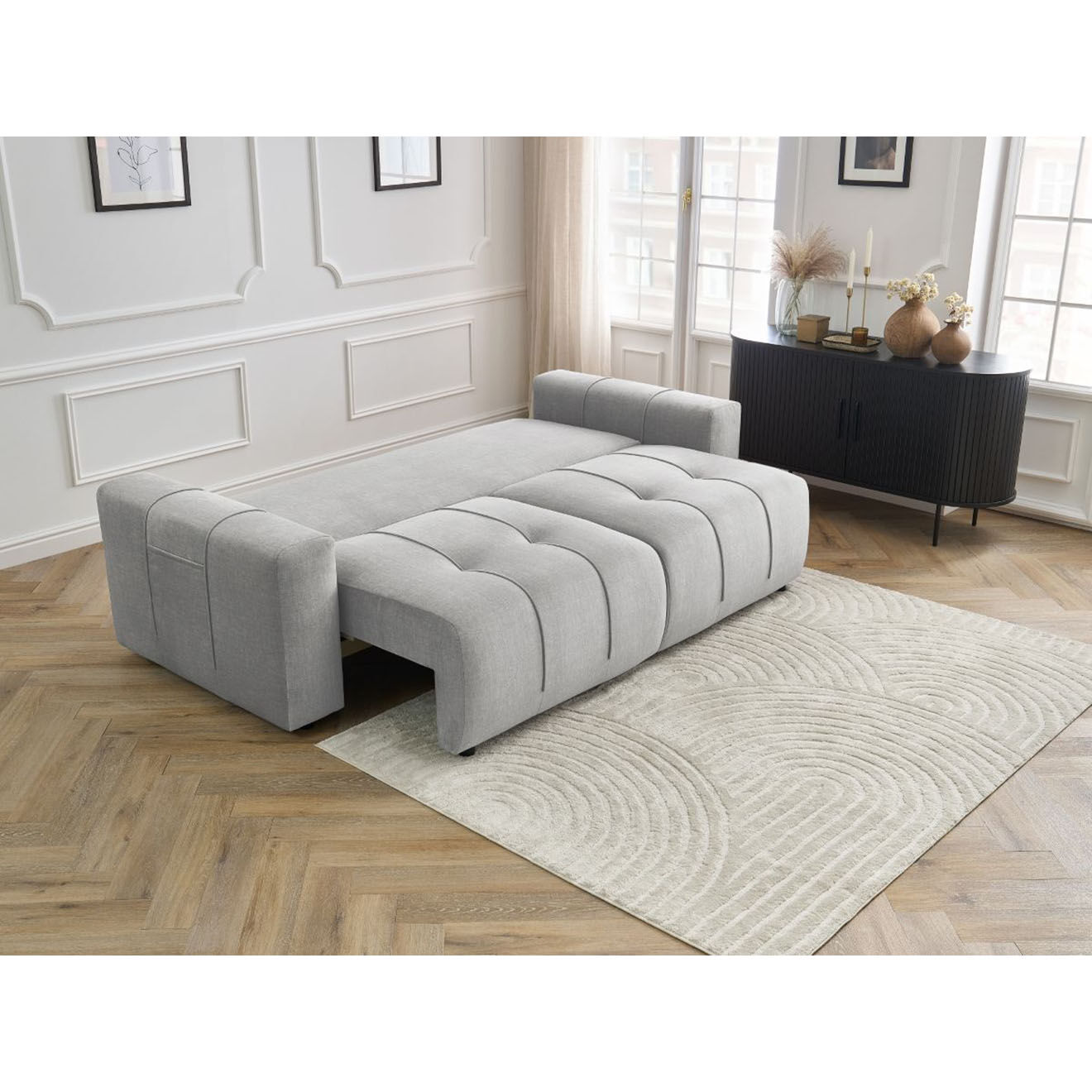 Bobochic Canapé droit convertible en Velours 3 places Arsène avec coffre gris clair - 248x105x90 cm