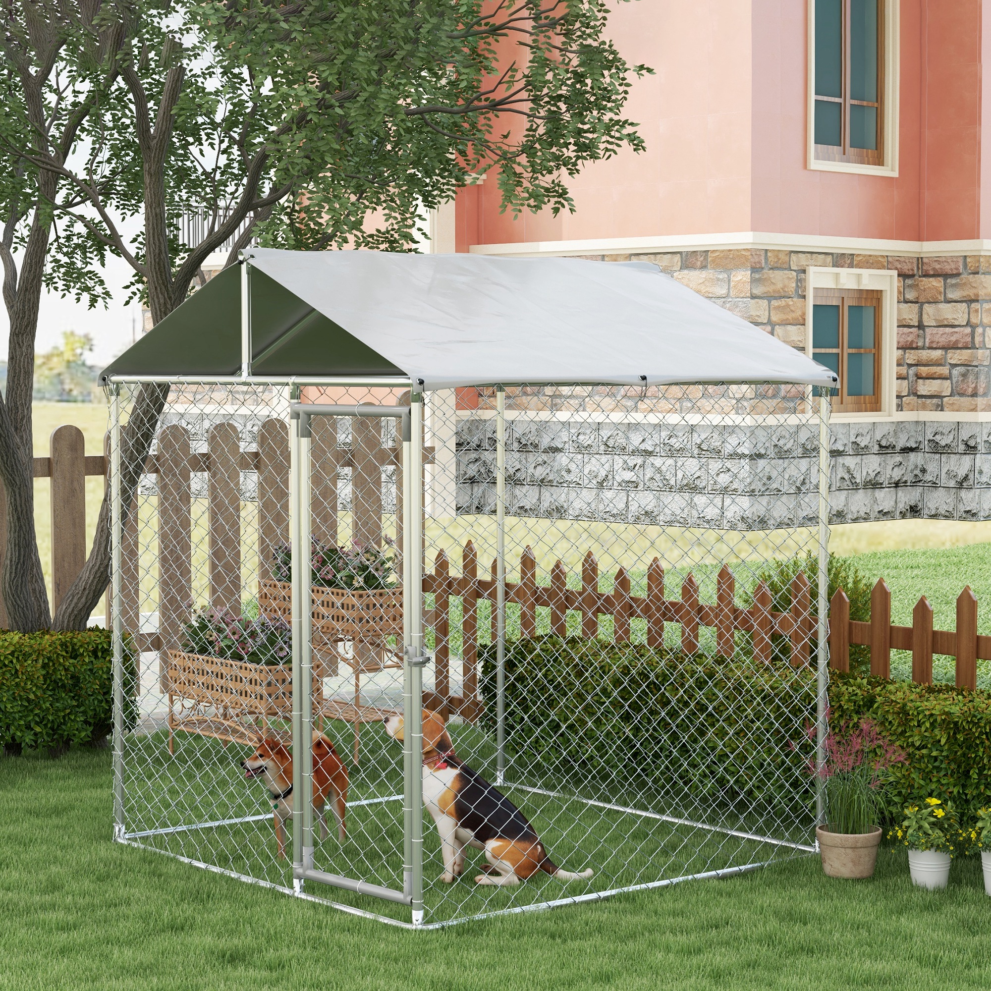Gaiola externa PawHut para cães de porte médio, cercado para cães com trava, estrutura de aço, cobertura impermeável e resistente aos raios UV, 200x200x150 cm, prata