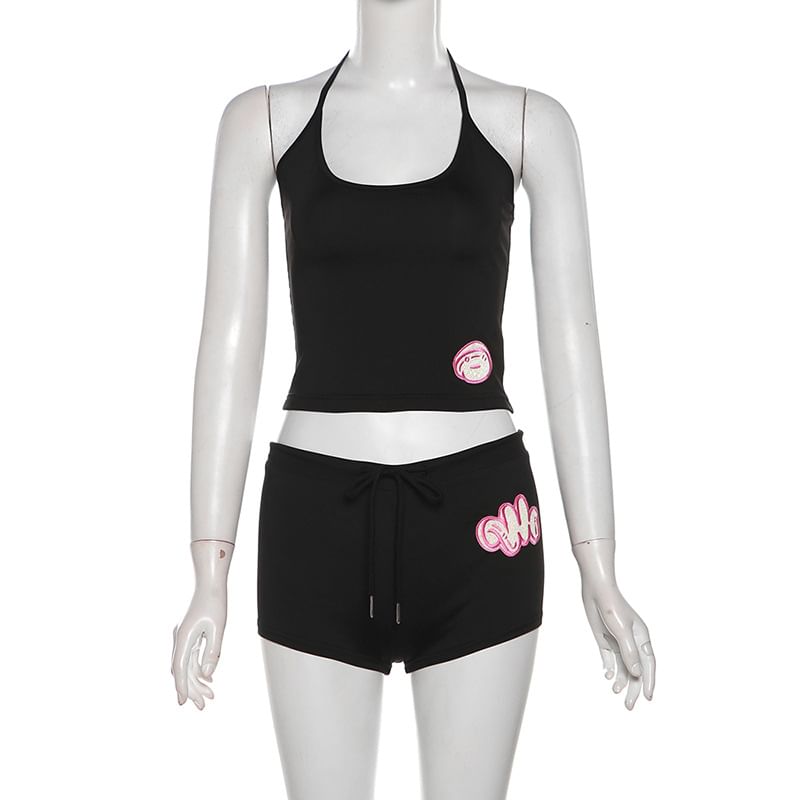 HERMITAKH - Set: Halternek, effen applicatie, open rug crop top + low rise hotpants