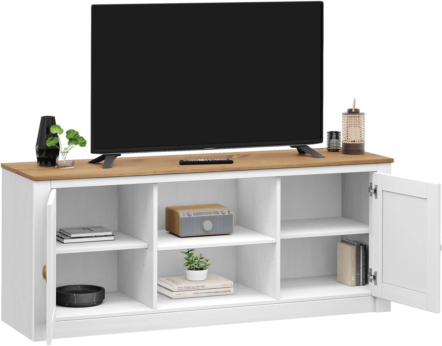 IDIMEX TV Lowboard Bolton aus Kiefer Massivholz, TV Bank im Landhausstil mit 2 Türen und Muschelgriffen, Lowboard aus Kiefer, Massivholz lackiert in weiß/braun
