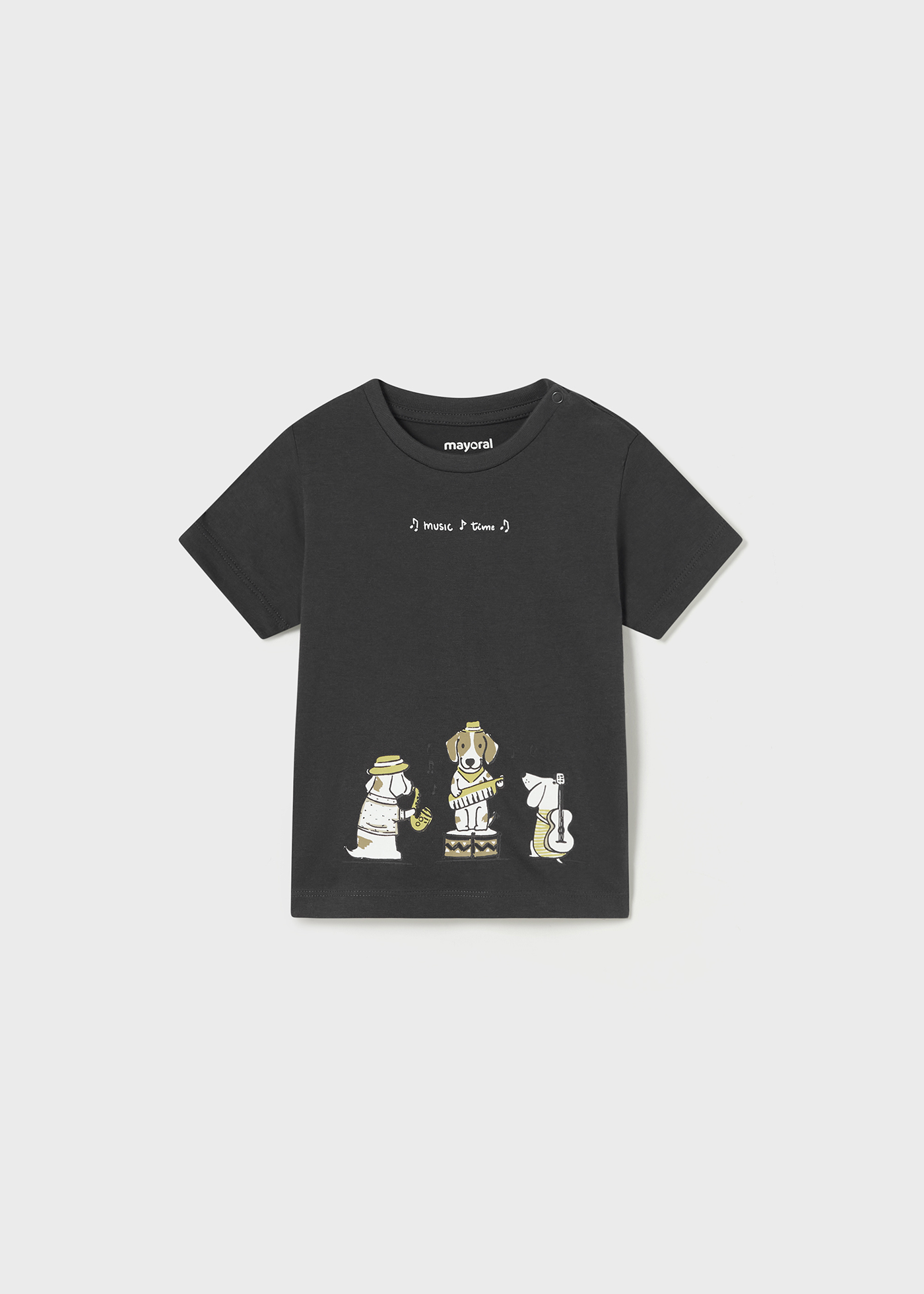 Camiseta de manga curta estampada para bebê, feita de algodão sustentável.