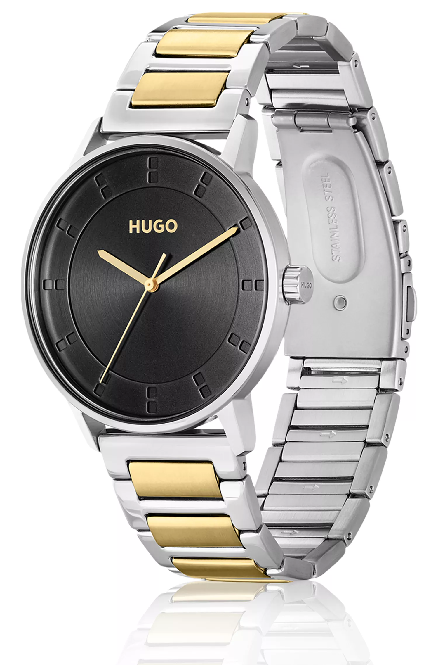 Relógio HUGO com mostrador vermelho e preto e pulseira bicolor.