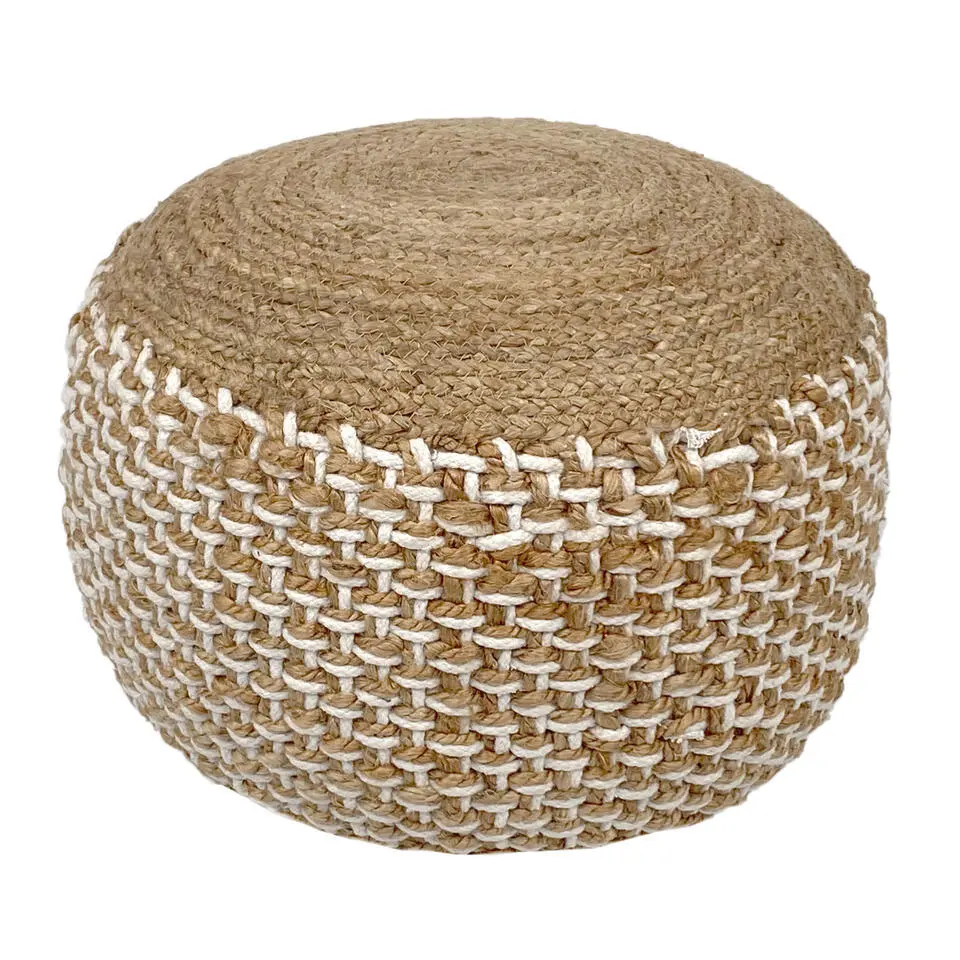 Poef - Jute kruk - Rond Ø50 x 35 cm - Deco kruk jute - Naturel/ Wit - Poef