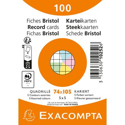 Exacompta - Pack de 100 fiches Bristol quadrillé 5x5 - A7 (74x105) - petits carreaux - assorties sous film