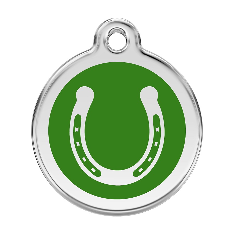 Placa de identificação para cães em aço inoxidável esmaltado verde com formato de ferradura