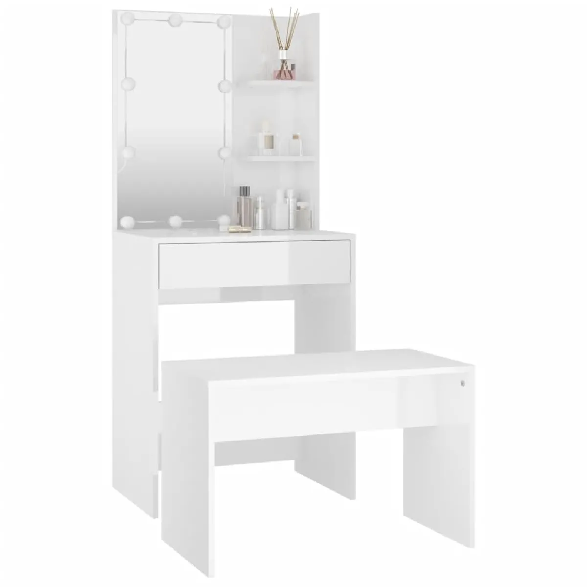 vidaXL Ensemble de coiffeuse LED - Blanc brillant
