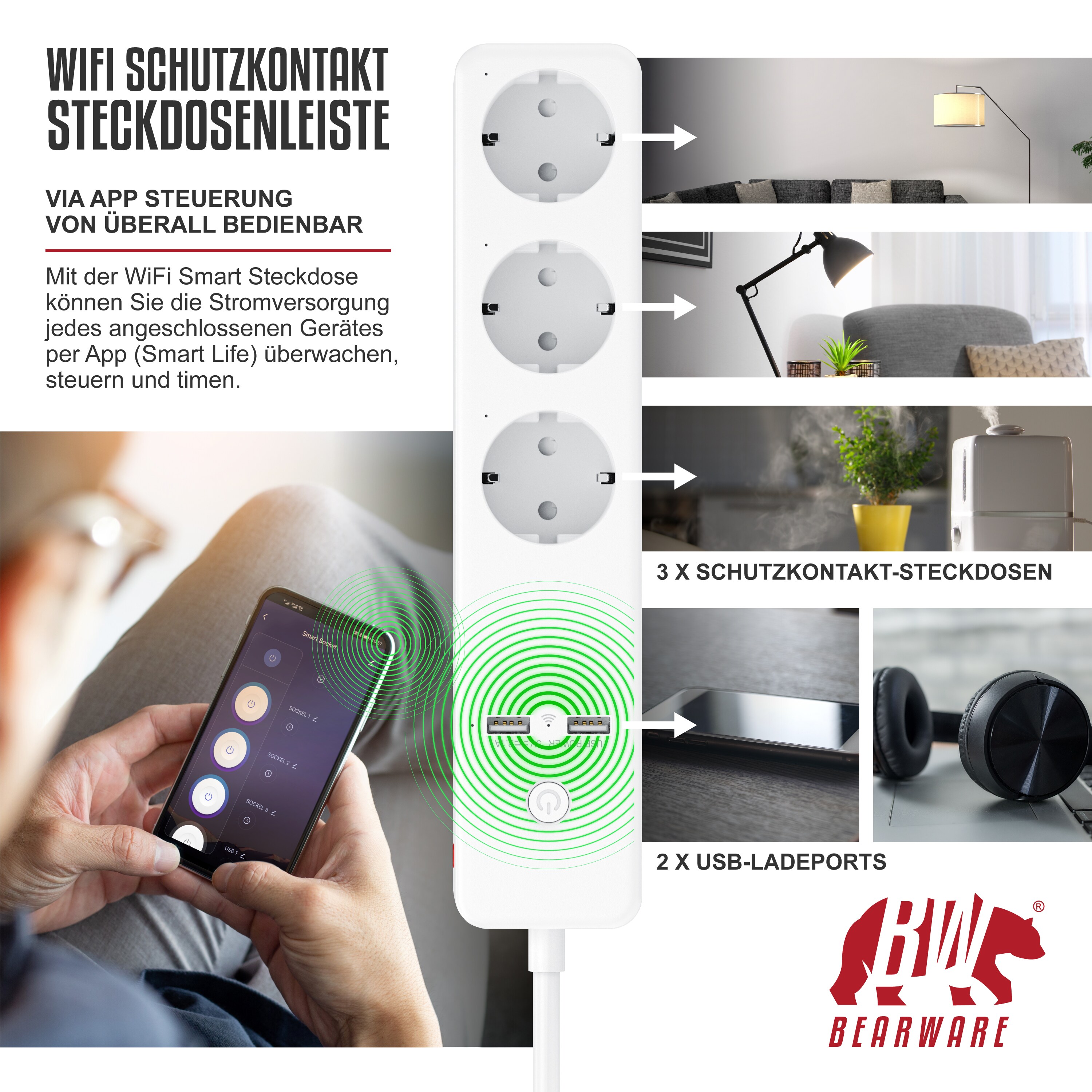 BEARWARE Steckdosenleiste Mehrfachsteckdose Steckerleiste 3680W, 3-fach