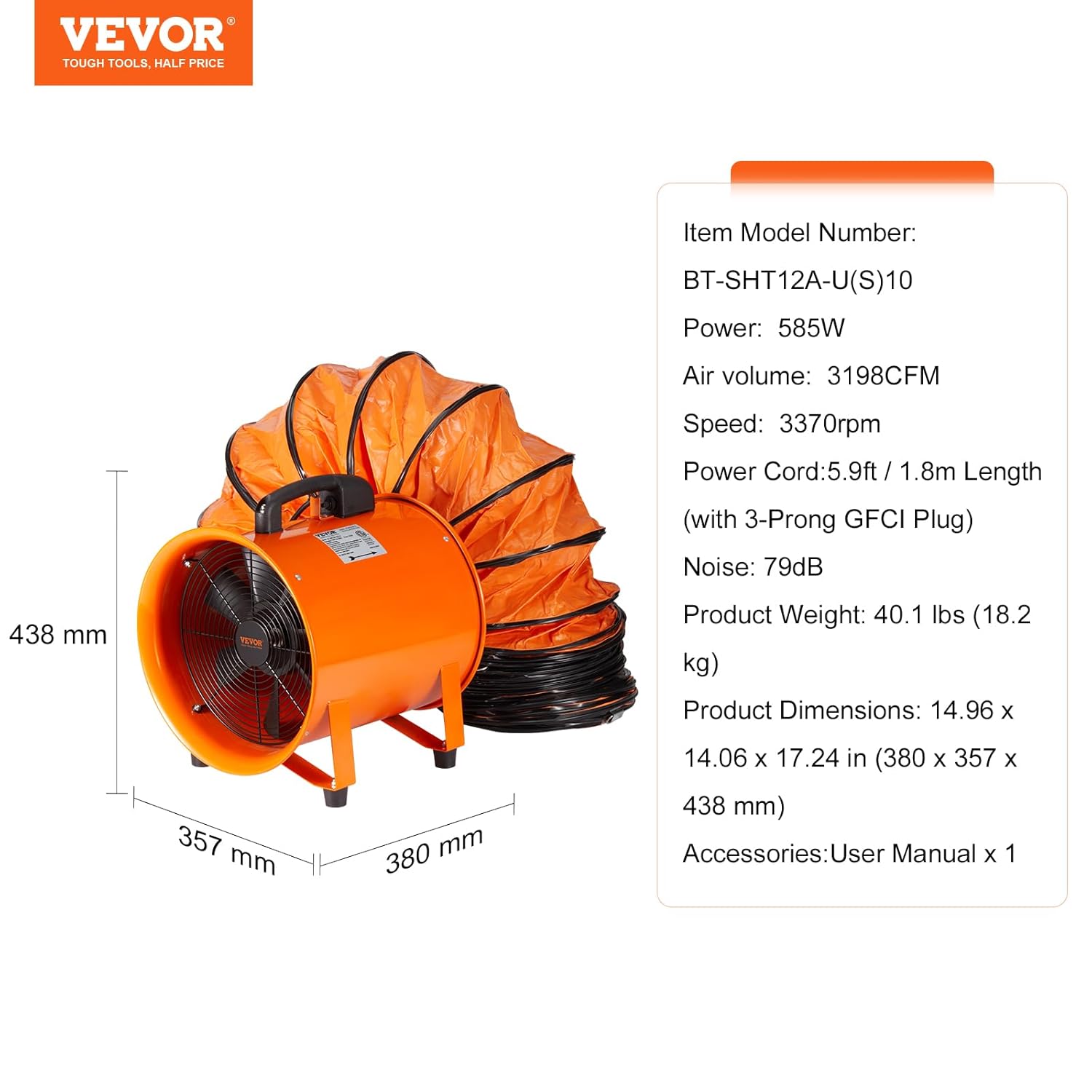 VEVOR Bauventilator 367-W-AC-Motor Baugebläse 2800 U/min Baulüfter Gebläse 2574 CFM (4373 m3/h) Axiallüfter mit 10 m Schlauch Axialgebläse 79 dB Geräuschpegel Industrielüfter