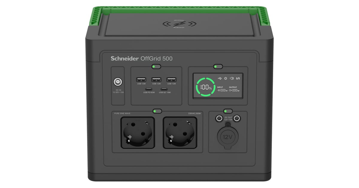 APCSchneider OffGrid draagbare Power station 500 powerstation  (Zwart/groen, PPS500-GR, Lithium-ion batterij 517Wh, 2x 230V 500W, 3x USB-A, 2x USB-C PD)