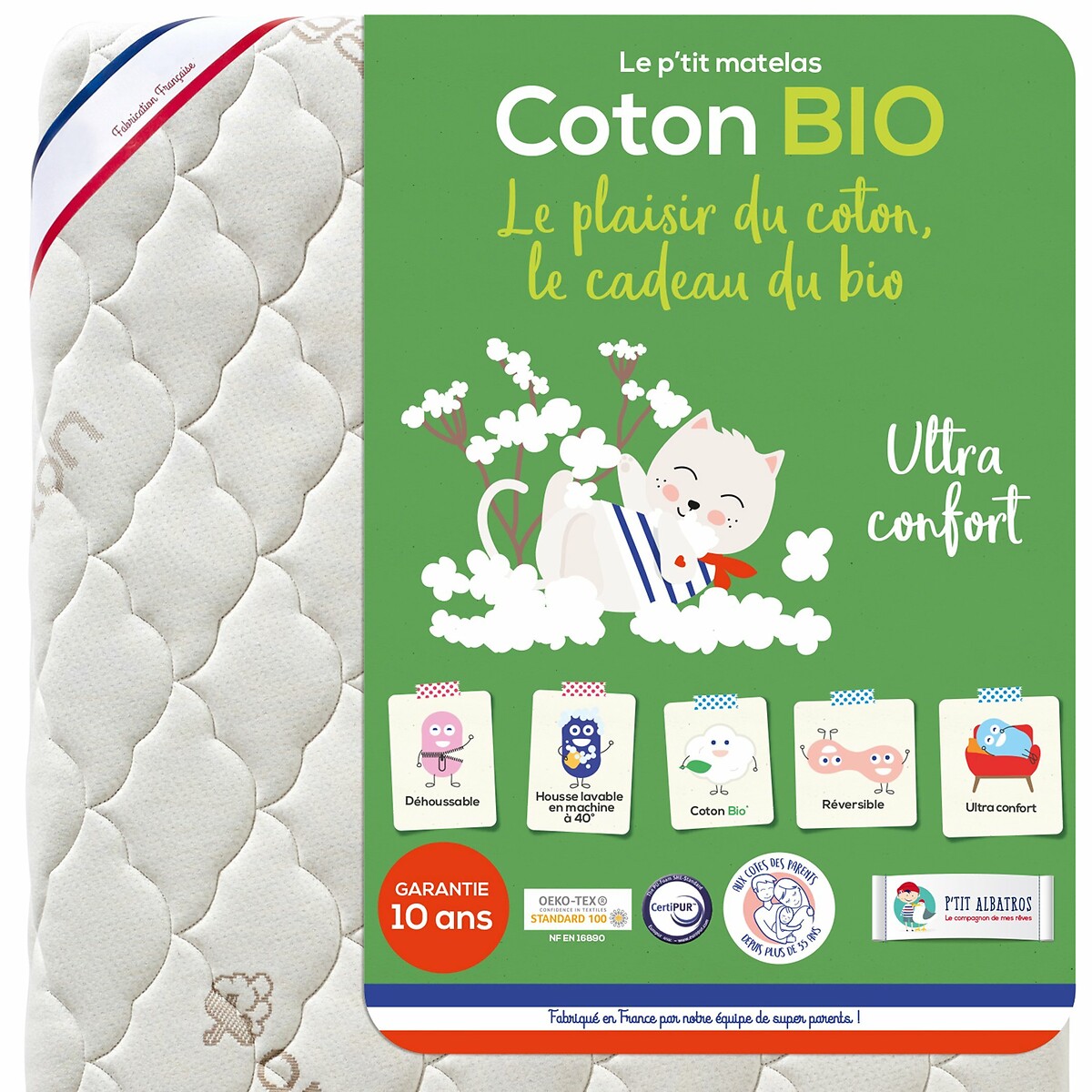 P'TIT ALBATROS<br>Colchão de espuma para bebê, algodão orgânico