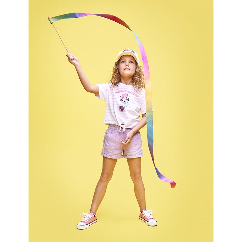 Short taille haute uni en coton fantaisie pour fille - Rose