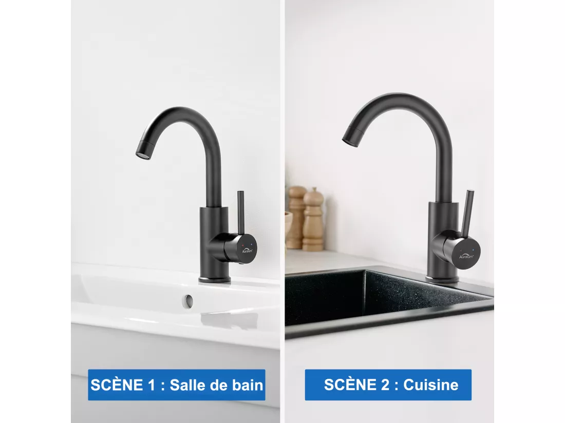 Mitigeur Lavabo,Robinet Salle Bain Noir Rotatif 360°,Aérateur Démotable+Bonde Lavabo Bonde Pop-up avec Trop-plein Automatique Universelle