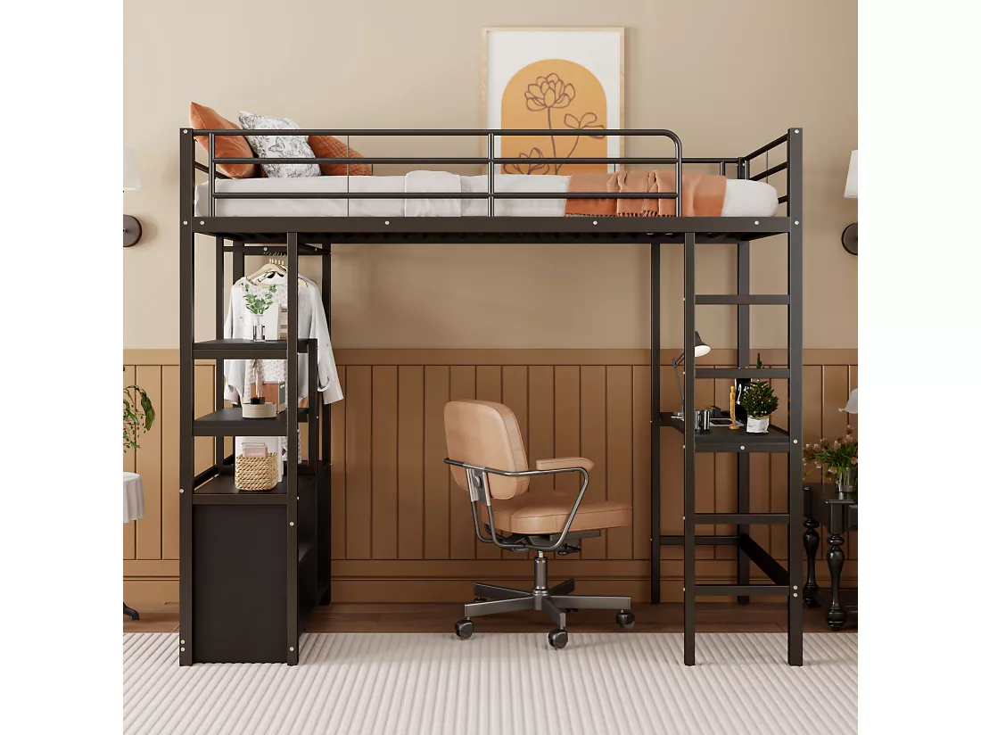 Lit mezzanine 90x200cm en métal - avec bureau + prises USB + barrières - Noir