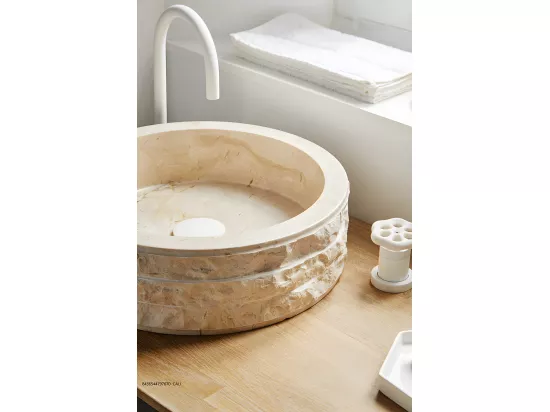 Vasque à poser / lavabo rond en marbre, coloris beige - Diamètre 40 x Hauteur 15 cm