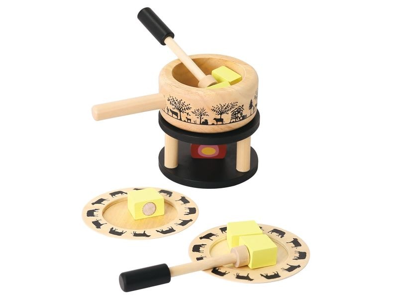 Spielba Holzspielwaren Fondue Set mit Teller und Gabel Hochwertiges Fondue-Set