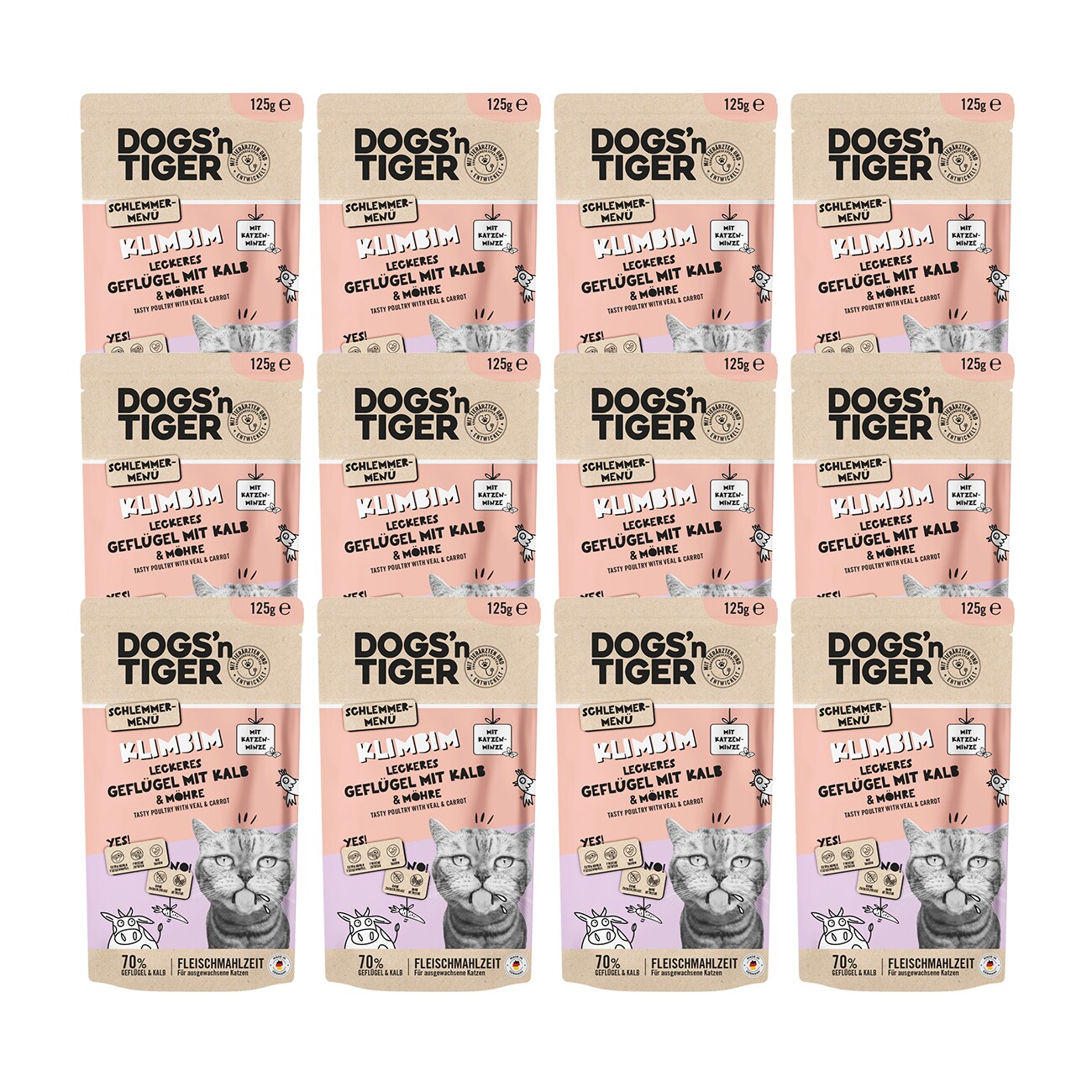 Dogs'n Tiger Adult Nassfutter Katze, Klimbim, Geflügel, Kalb & Möhre, 12x 125g