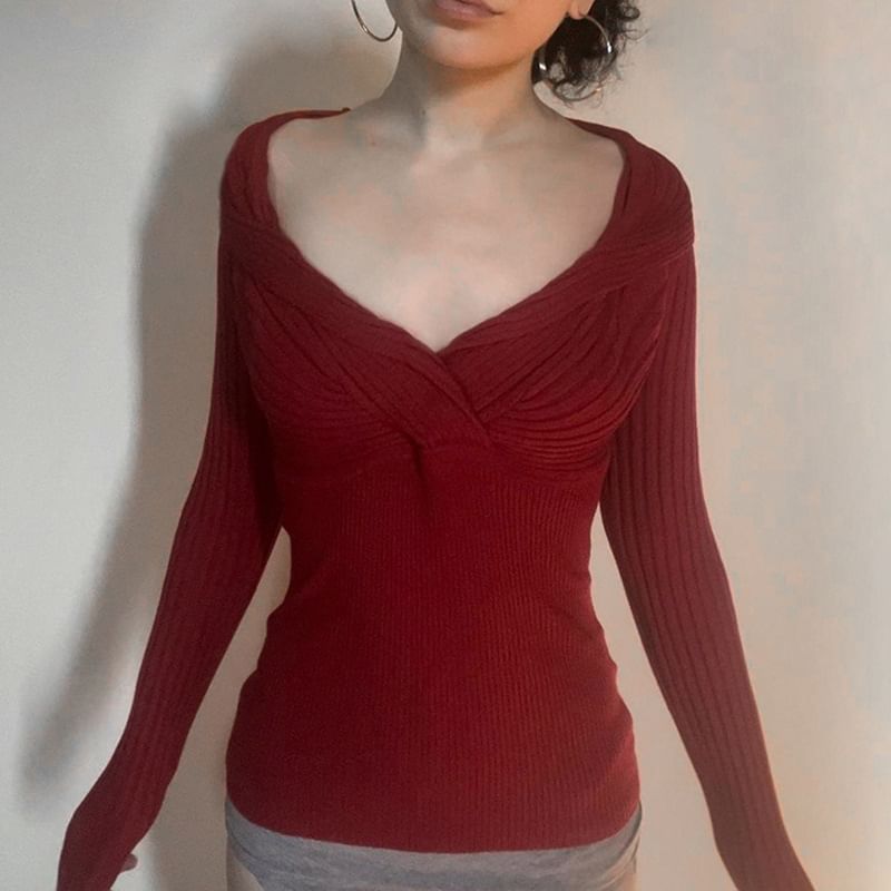 Honet - Lange mouwen V-hals effen geribbelde slim-fit top