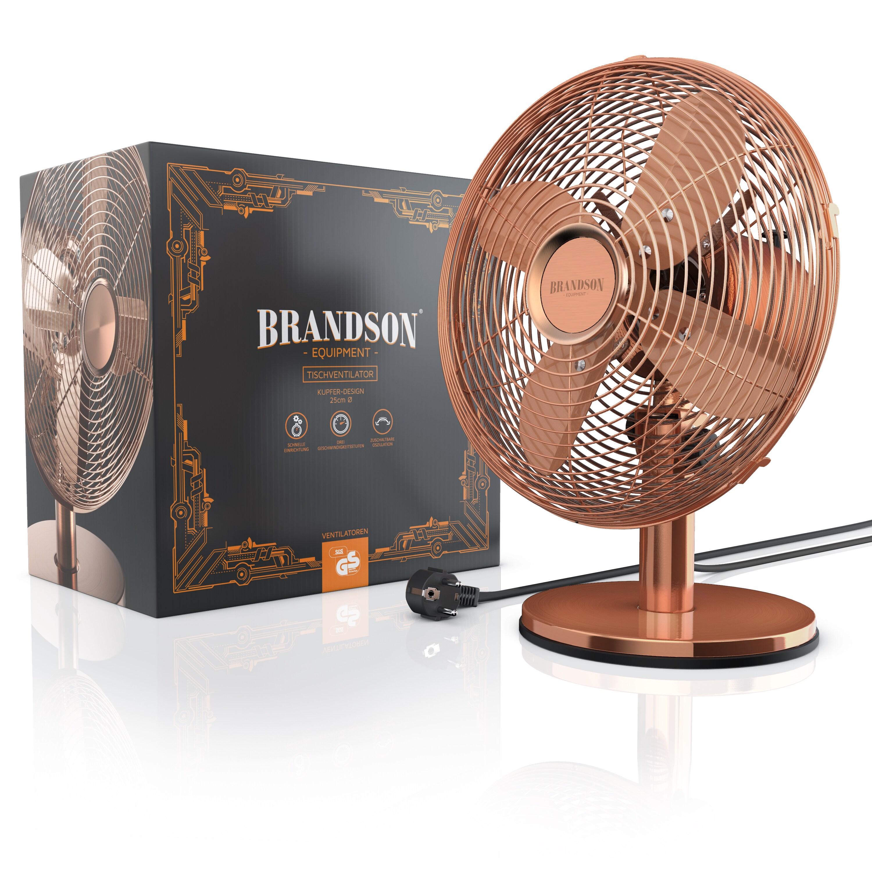 Brandson Tischventilator, Ventilator mit 3 Leistungsstufen, mobiler Lüfter im Retro Design, Zuschaltbare 80° Oszillation, Neigungswinkel ca. 40°