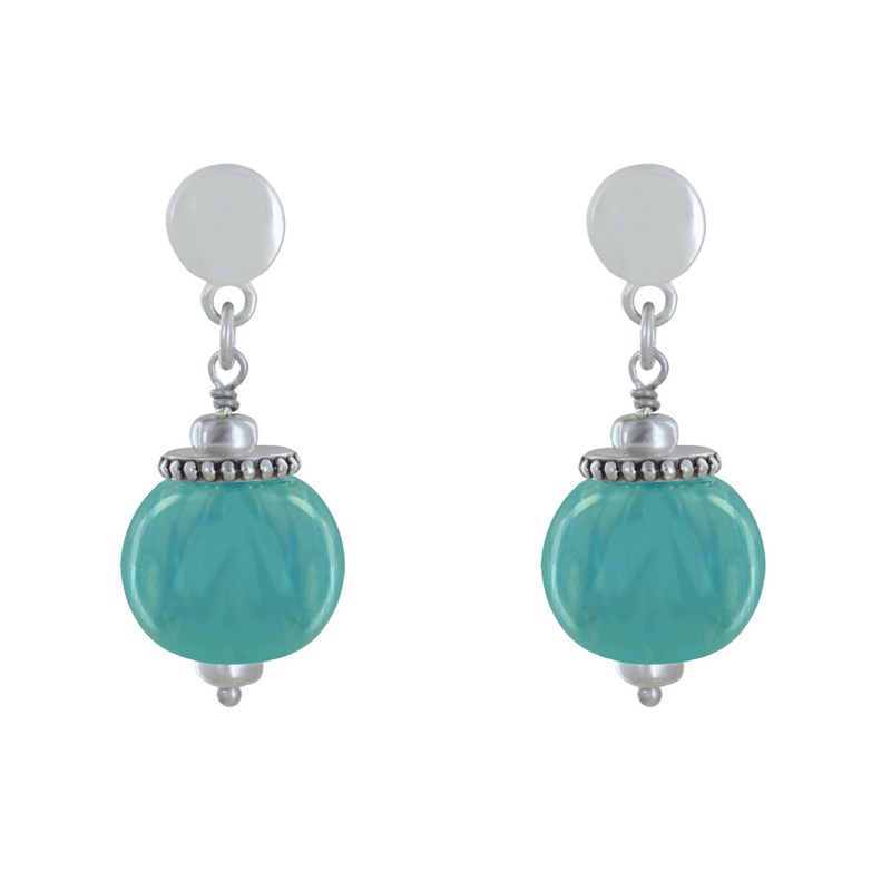 Boucles d'Oreilles Clous Métal Argenté et Grosses Perles en Céramique