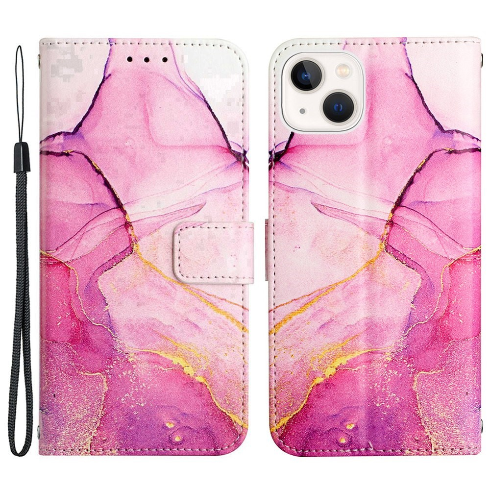 iPhone 14 Leder Tasche mit Kartenfach   Handschlaufe Marble Marmor - Pink / Rosa