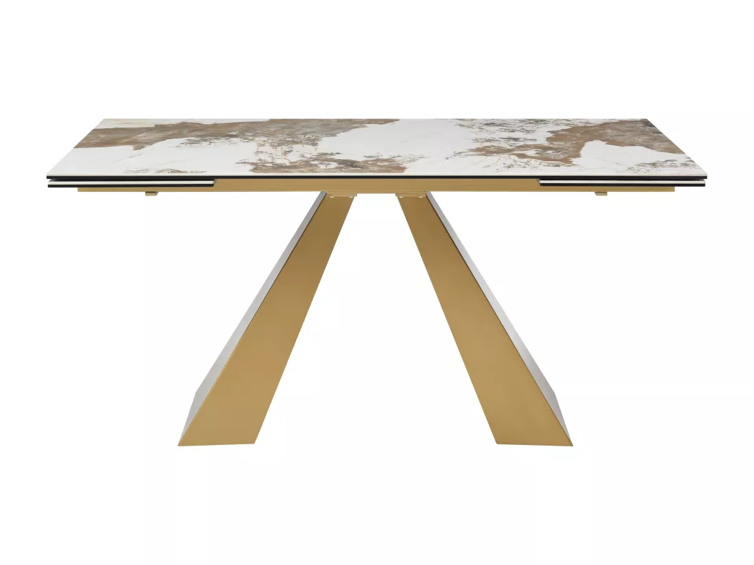 Table à manger extensible 6 à 10 personnes en verre trempé, céramique et métal doré - Effet marbre blanc et taupe - LOZIPA de Maison Céphy